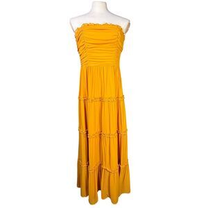 Lulus Extraordinary Aura Marigold Yellow Ruched Tiered Maxi Dress Sz L